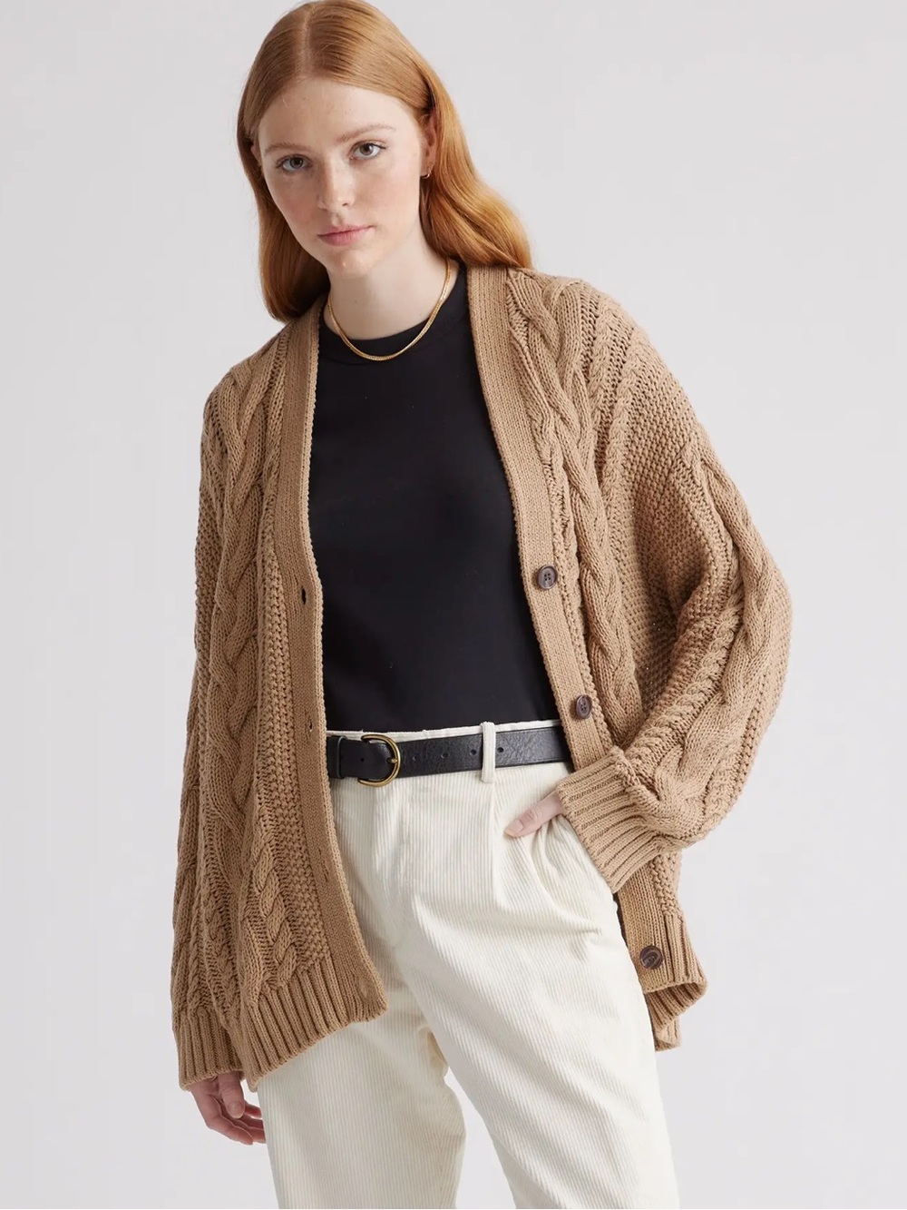 LOFT Camel Cable-Knit Button Cardigan